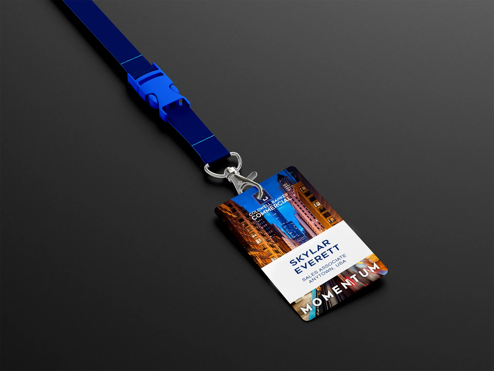 Momentum conference badge on lanyard
